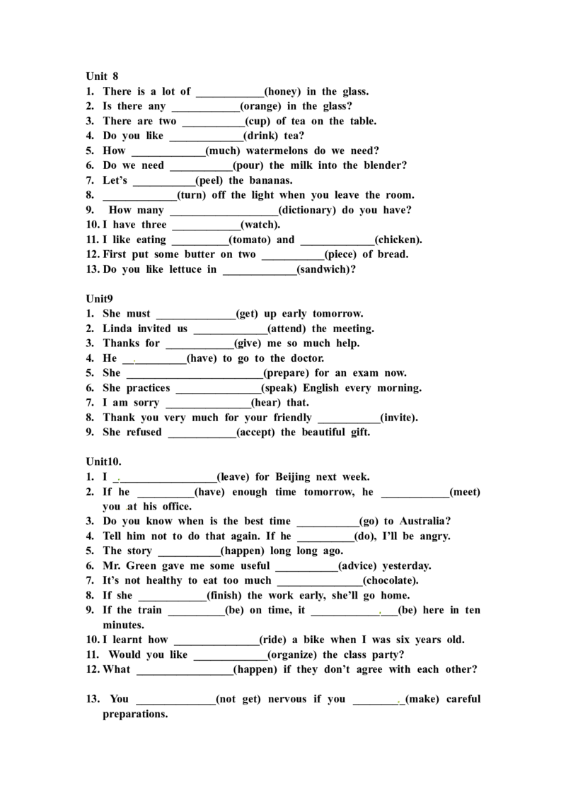 11.八年级上学期期末复习用所给单词的正确形式填空Unit1-10（无答案）_初中英语新版_最新人教版英语八年级上册_老版（含有参考价值）
