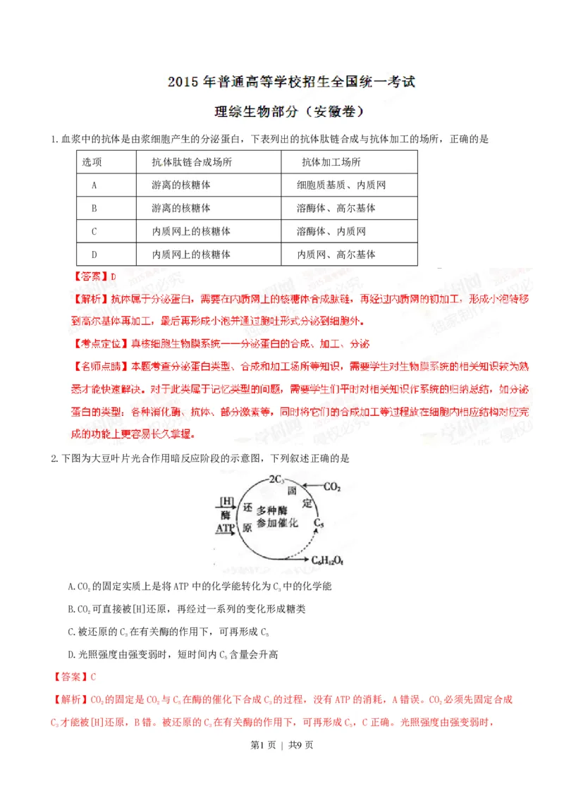 2015年高考生物试卷（安徽）（解析卷）_生物历年高考真题_新&middot;PDF版2008-2025&middot;高考生物真题_生物（按省份分类）2008-2025_2012-2025&middot;（安徽）生物高考真题