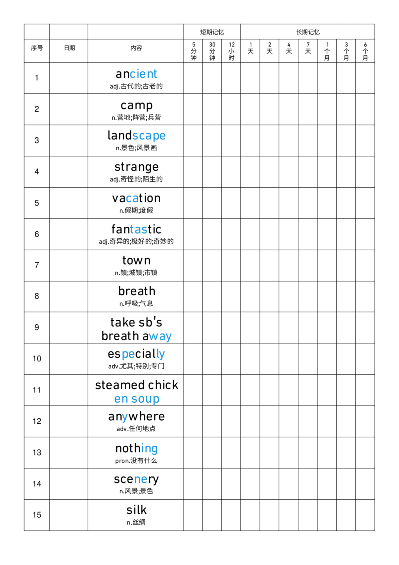 2025秋人教版八年级上册英语U1艾宾浩斯记忆表单词默写_初中英语新版_最新人教版英语八年级上册_新版_初中英语8上新更新第三套可选择_10单词默写+字帖_单词表