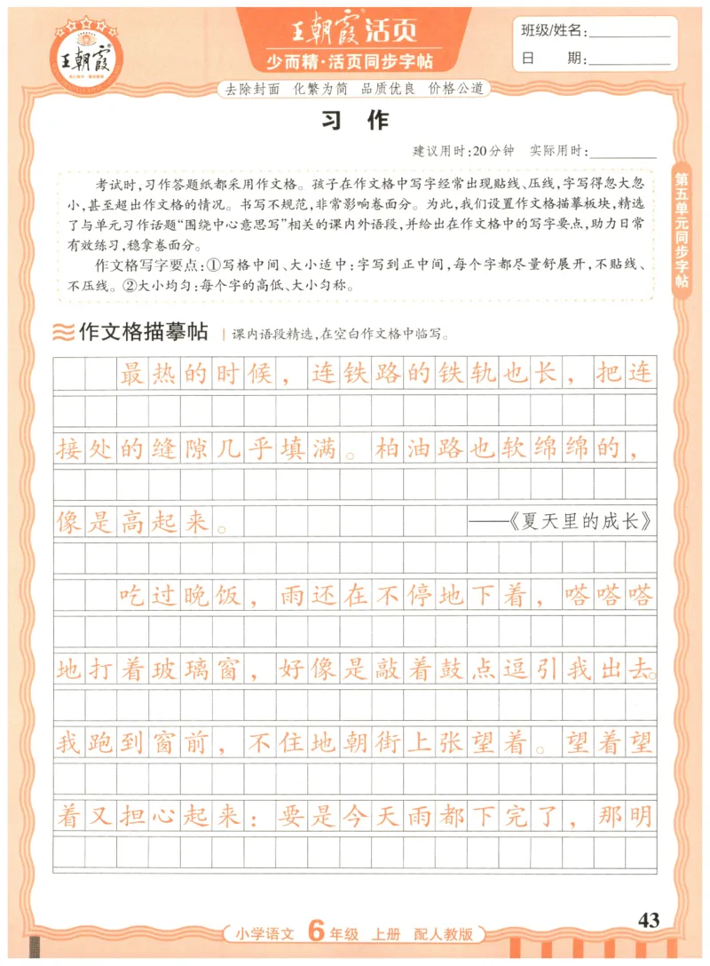 25秋王朝霞活页同步字帖-6年级上_25秋《王朝霞语文活页同步字帖》1-6上