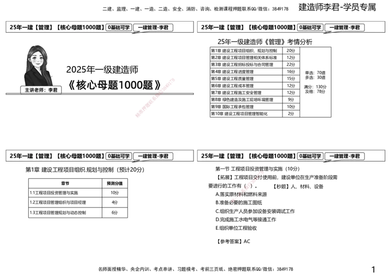 25一建母题补充讲义_2026年一级建造师_2026年一建管理_2025年一建管理SVIP_03-习题精析✿实战特训✿模考通关_30-管理《核心1000题》李君XSW