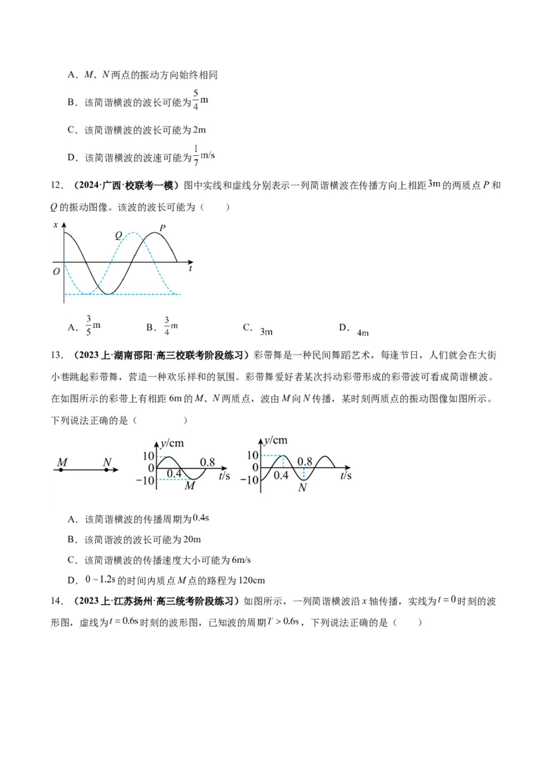 专题09振动图像与波动图像（原卷版）_2025高中物理模型方法技巧高三复习专题练习讲义_高考物理图像与方法