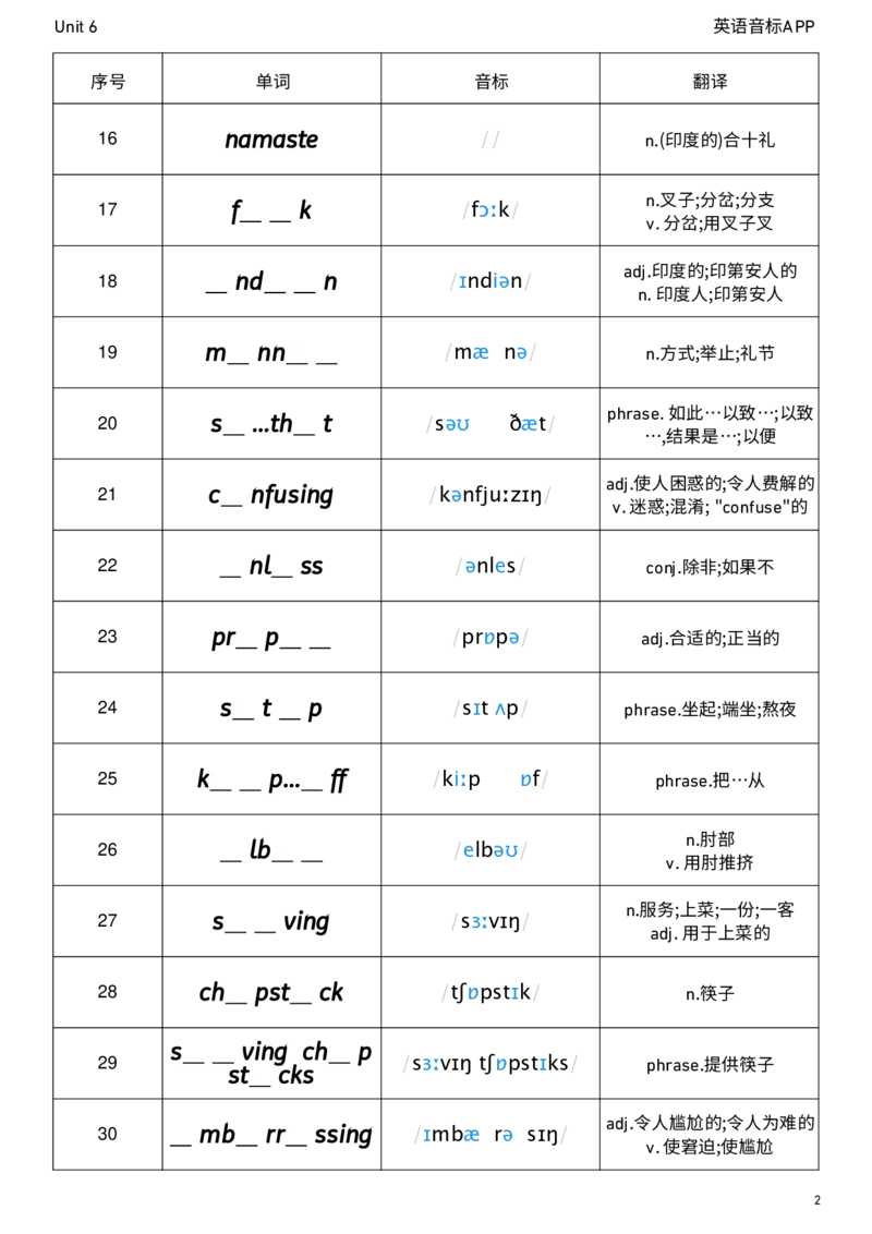 2026春人教版英语八下Unit6单词挖空_初中英语新版_最新人教版英语八年级下册_2026春新人教版八下（更新中）_04单词背诵默写8个表（全）