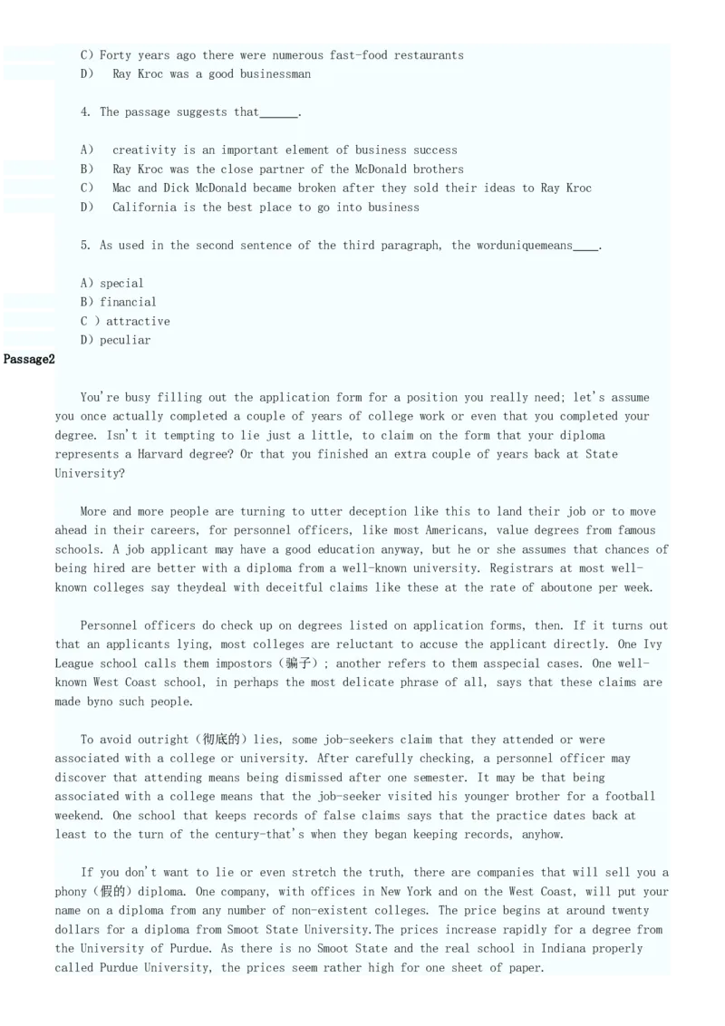 英语阅读理解试题及答案_2025春招题库汇总_国企题库_中国烟草_3Yancao笔试专业完整知识点（仅需看本专业）_3.7英语_3.英语阅读理解