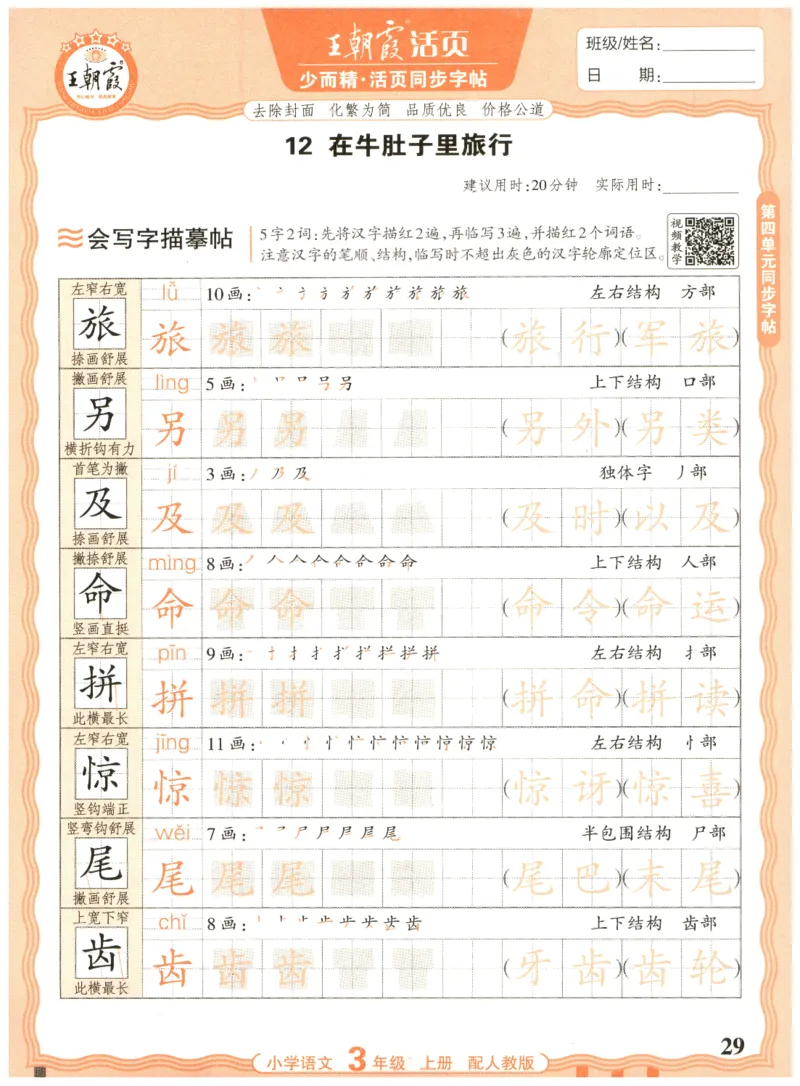25秋王朝霞活页同步字帖-3年级上_25秋《王朝霞语文活页同步字帖》1-6上