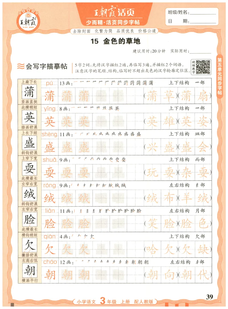 25秋王朝霞活页同步字帖-3年级上_25秋《王朝霞语文活页同步字帖》1-6上