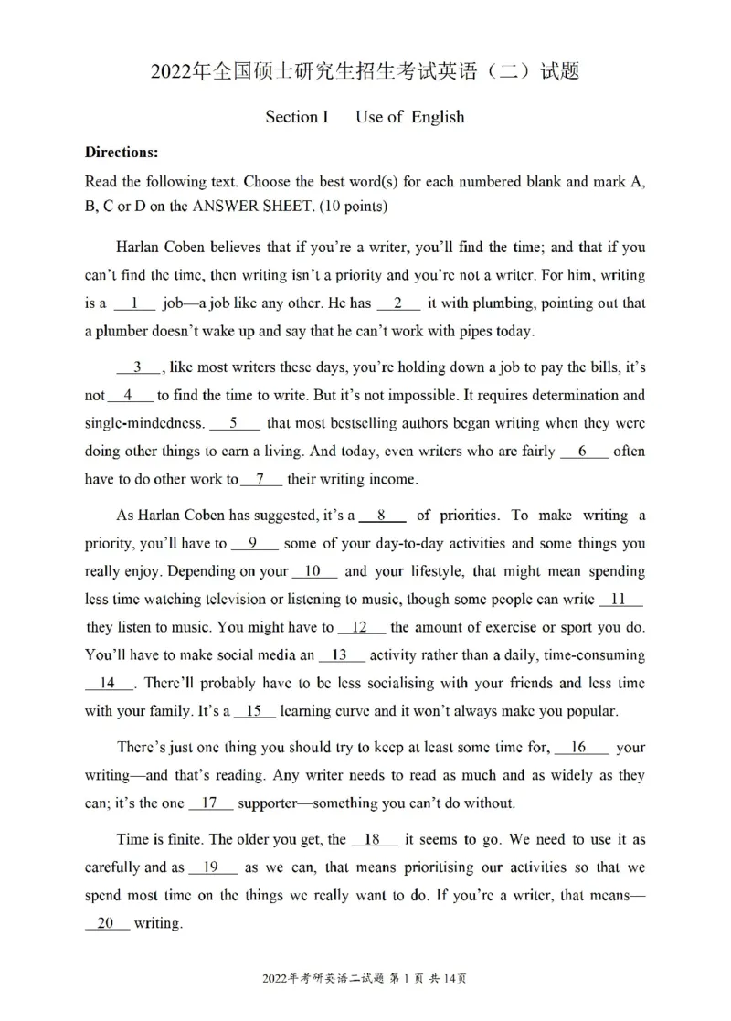 2022年考研英语二真题可复制搜索查词(1)_❤️2.2010-2024年考研英语二真题及解析_01、真题部分