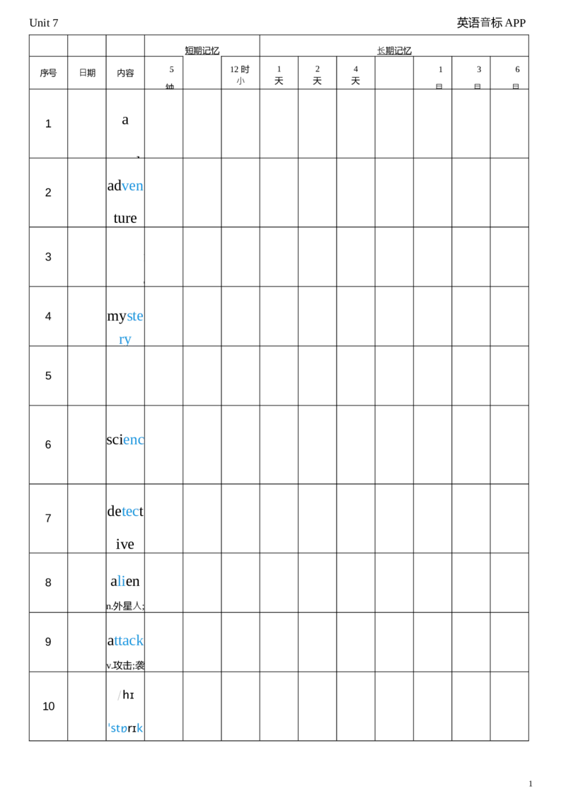 2026春人教版英语八下Unit7艾宾浩斯记忆_初中英语新版_最新人教版英语八年级下册_2026春新人教版八下（更新中）_04单词背诵默写8个表（全）