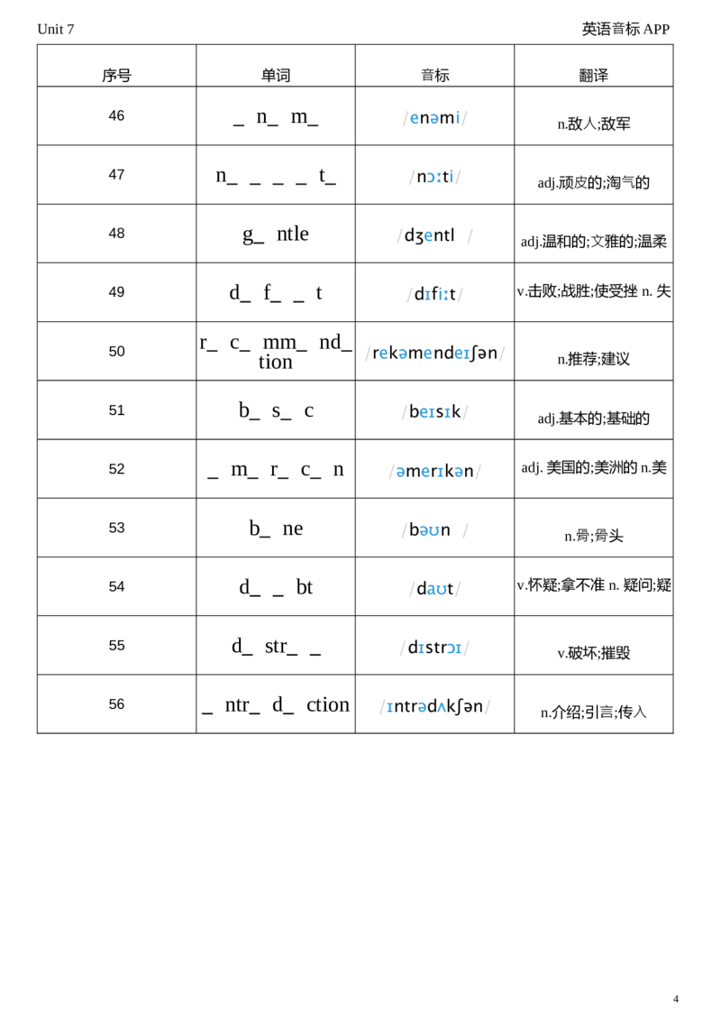 2026春人教版英语八下Unit7单词挖空_初中英语新版_最新人教版英语八年级下册_2026春新人教版八下（更新中）_04单词背诵默写8个表（全）