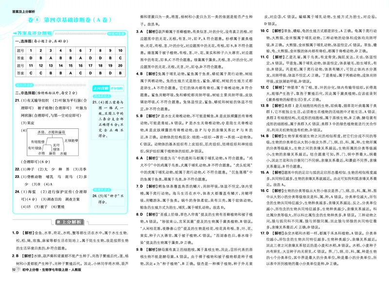 2026上分卷生物7年级上册解析册_2026版初中《必刷题上分卷》7年级上册（7科全套）_2026《初中上分卷&bull;生物》7上（人教版）
