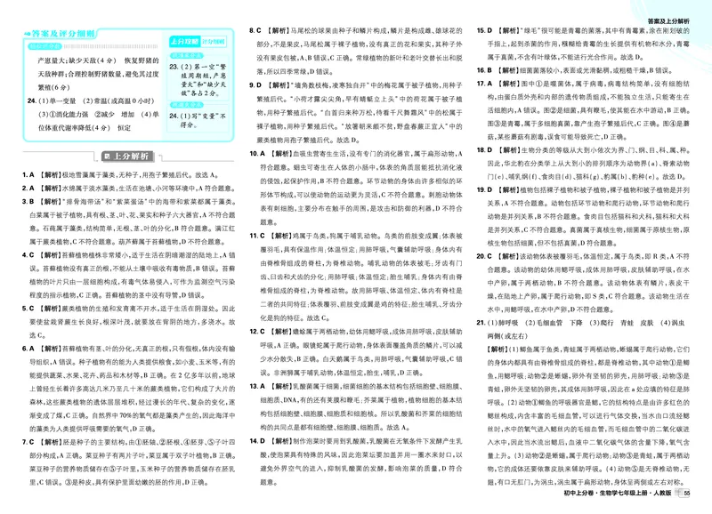 2026上分卷生物7年级上册解析册_2026版初中《必刷题上分卷》7年级上册（7科全套）_2026《初中上分卷&bull;生物》7上（人教版）