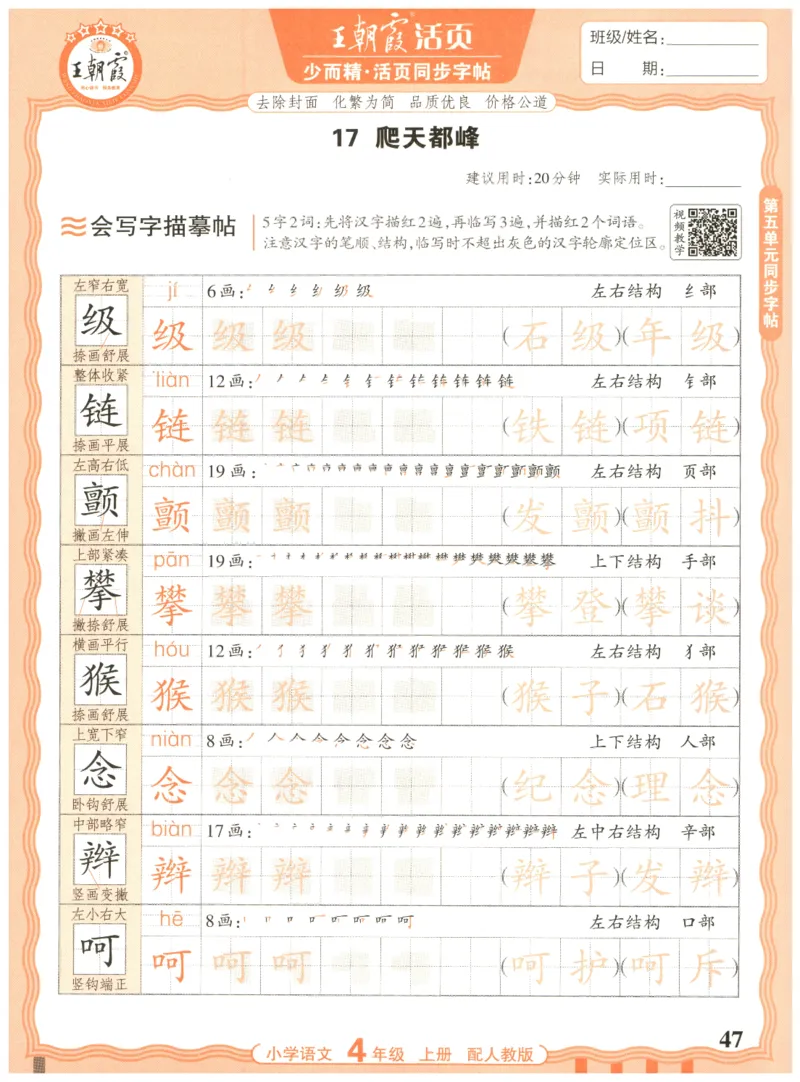25秋王朝霞活页同步字帖-4年级上_25秋《王朝霞语文活页同步字帖》1-6上
