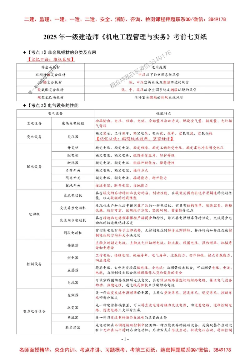 2025年一级建造师《机电工程管理与实务》考前七页纸_2026年一级建造师_2026年一建机电_2025年一建机电SVIP_05-考前密训✿央企特训✿机构普押_07-机电《央企内部7页纸》SMR推荐