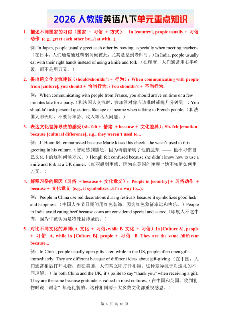 2026春人教版英语八下单元重点知识Unit6_初中英语新版_最新人教版英语八年级下册_2026春新人教版八下（更新中）_15单元重点知识讲解