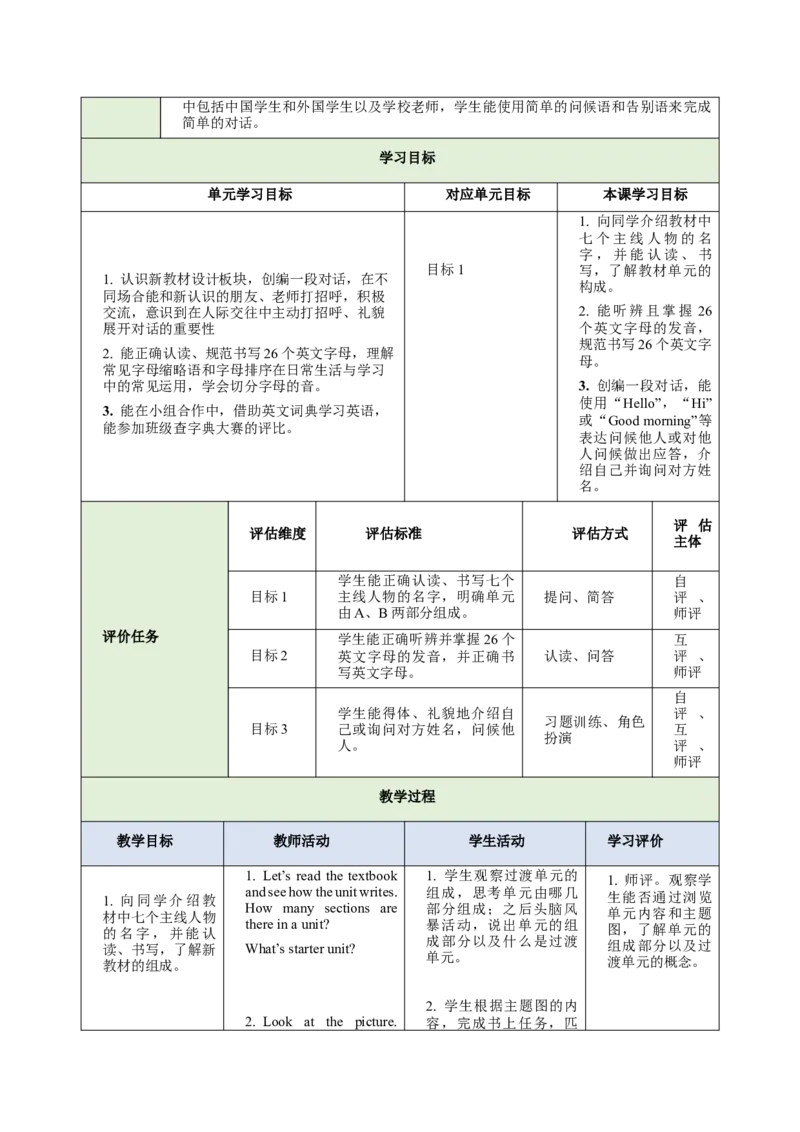 StarterUnit1Hello（大单元教学设计）_初中英语新版_最新人教版英语七年级上册_英语7上2024秋季最新改版_03.英语7上-大单元教学设计