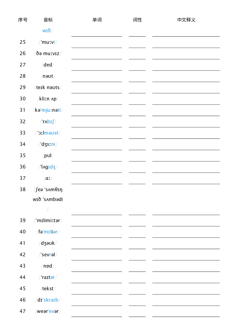 2025秋人教版八年级上册英语U2音标默单词单词默写_初中英语新版_最新人教版英语八年级上册_新版_初中英语8上新更新第三套可选择_10单词默写+字帖_单词表