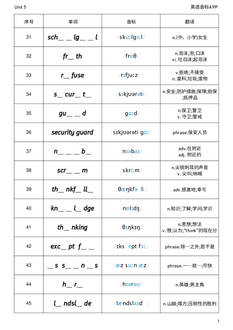 2026春人教版英语八下Unit5单词挖空_初中英语新版_最新人教版英语八年级下册_2026春新人教版八下（更新中）_04单词背诵默写8个表（全）