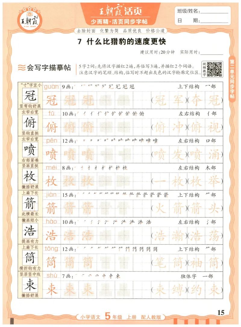 25秋王朝霞活页同步字帖-5年级上_25秋《王朝霞语文活页同步字帖》1-6上