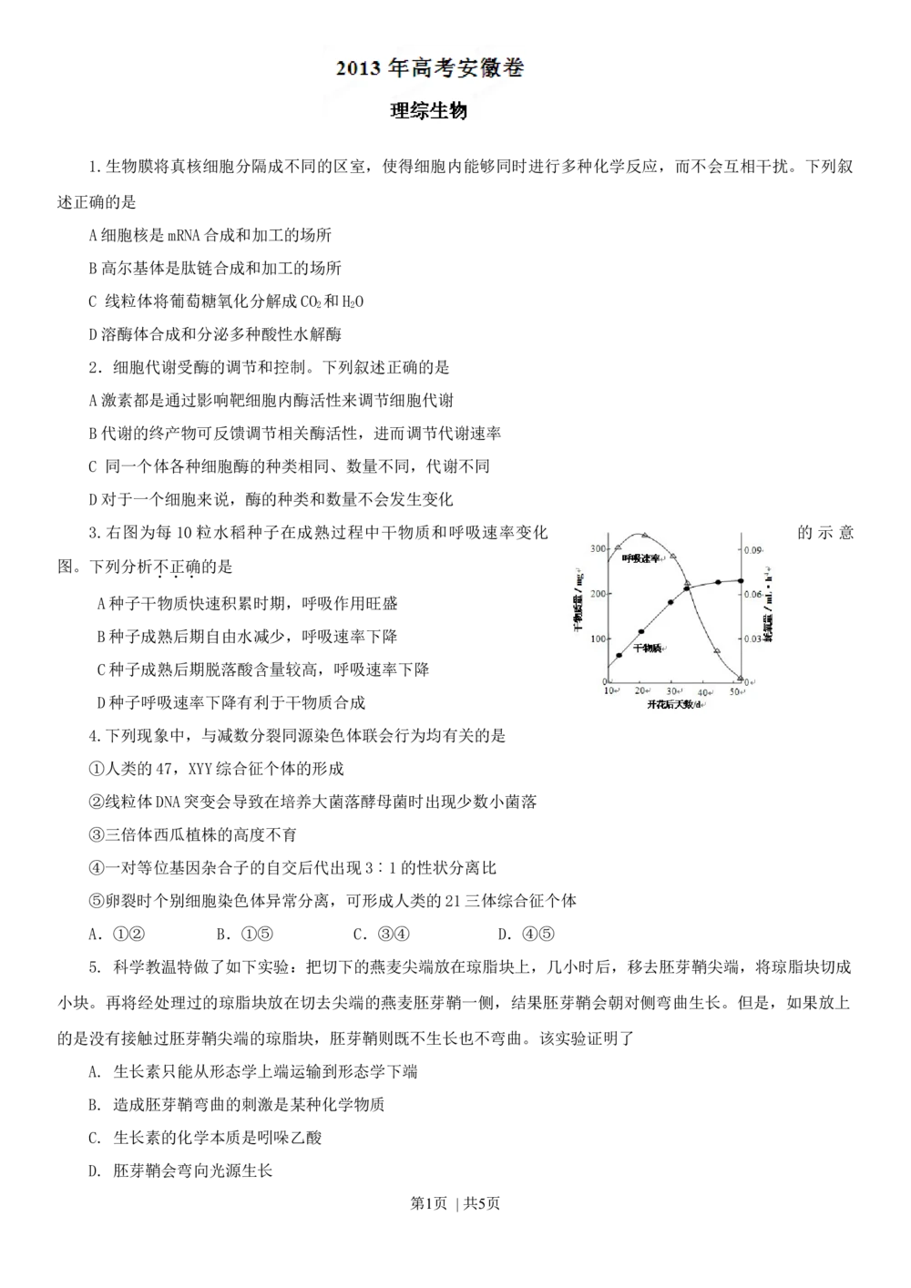 2013年高考生物试卷（安徽）（空白卷）_生物历年高考真题_新&middot;Word版2008-2025&middot;高考生物真题_生物（按试卷类型分类）2008-2025_自主命题卷&middot;生物（2008-2025）