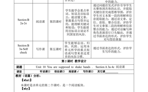 SectionA(3a-4c)大单元教学+课时设计Unit10You'resupposedtoshakehands_初中英语新版_最新人教版英语九年级全册_新更新初中英语9全_01课件+教案