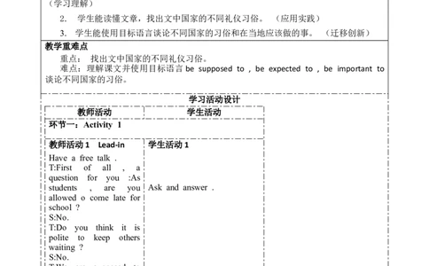 SectionA(3a-4c)大单元教学+课时设计Unit10You'resupposedtoshakehands_初中英语新版_最新人教版英语九年级全册_新更新初中英语9全_01课件+教案