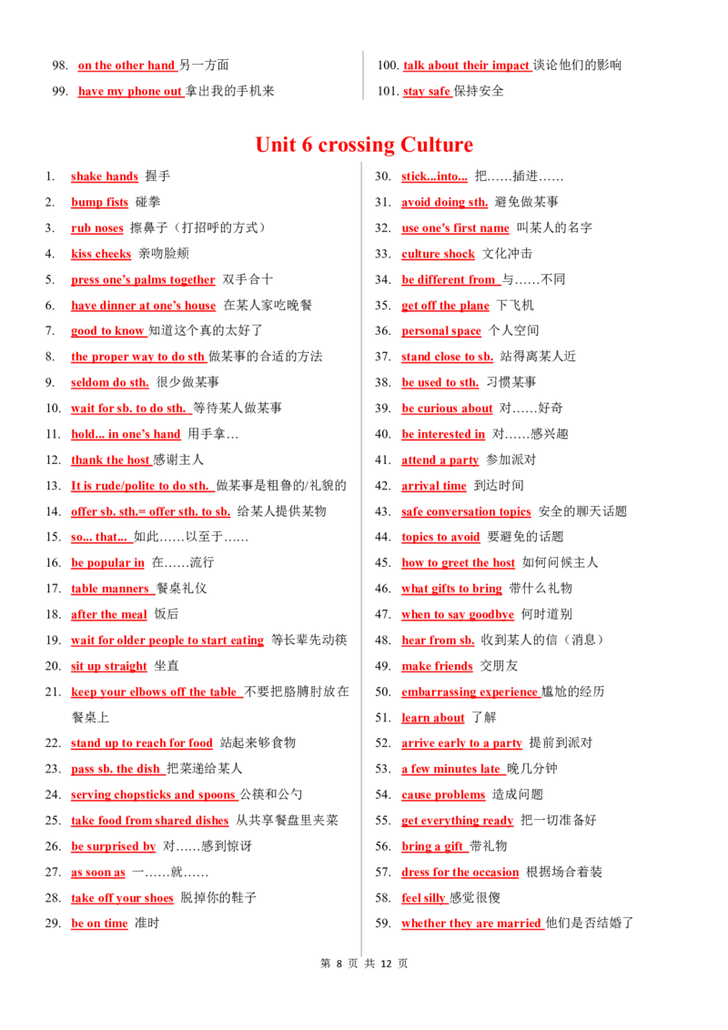 8下全册短语背诵PDF12页_初中英语新版_最新人教版英语八年级下册_2026春新人教版八下（更新中）_19短语背诵默写（全）