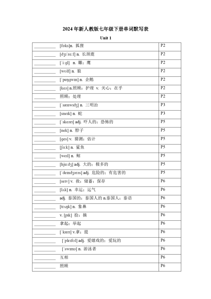 2024-2025学年人教版英语七年级下册各单元单词默写表_初中英语新版_最新人教版英语七年级下册_七下英语2025版_05.2025春英语人教7下单词表+默写_新七下人教版默写