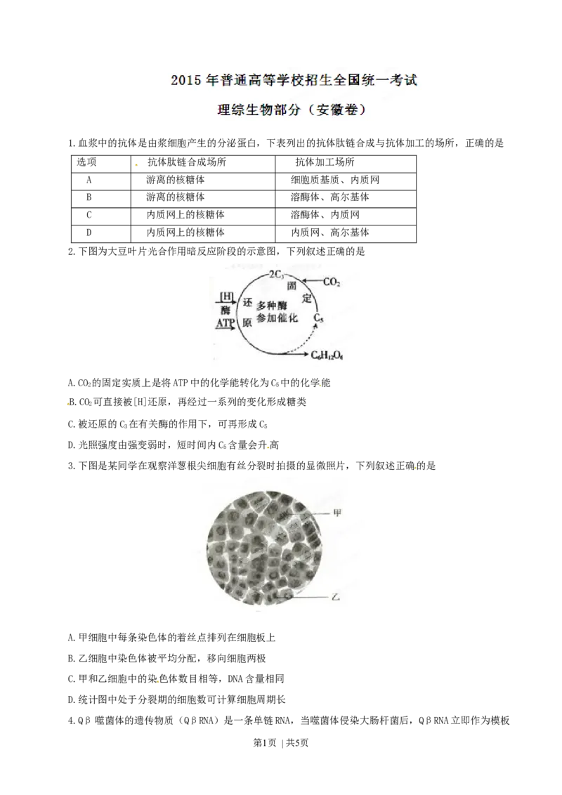 2015年高考生物试卷（安徽）（空白卷）_生物历年高考真题_新&middot;Word版2008-2025&middot;高考生物真题_生物（按年份分类）2008-2025_2015&middot;高考生物真题