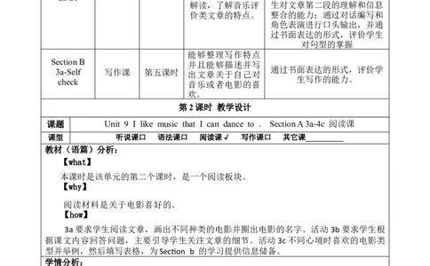 SectionA(3a-4c)大单元教学+课时设计Unit9IlikemusIcthatIcandanceto_初中英语新版_最新人教版英语九年级全册_新更新初中英语9全_01课件+教案