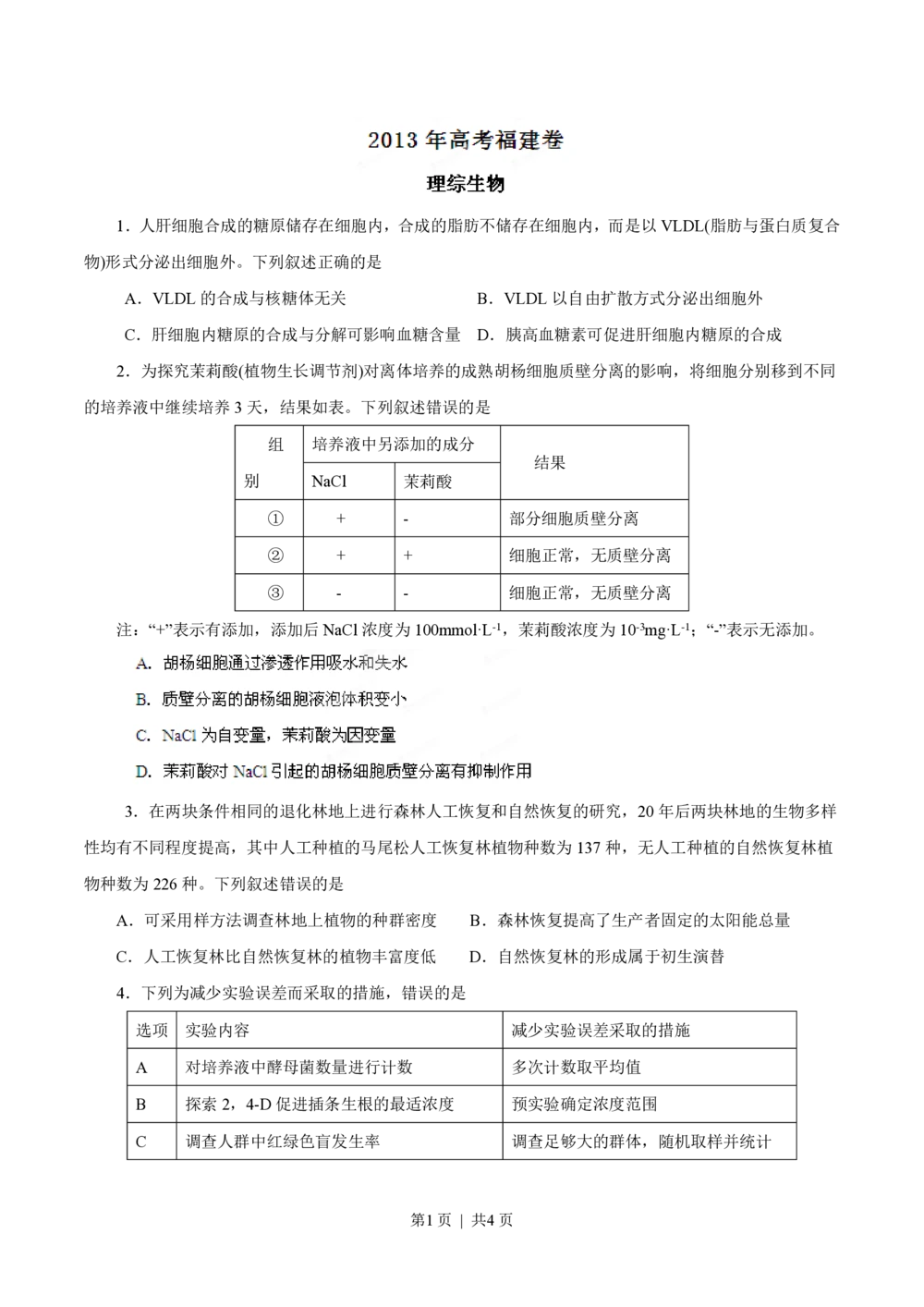2013年高考生物试卷（福建）（空白卷）_生物历年高考真题_新&middot;PDF版2008-2025&middot;高考生物真题_生物（按年份分类）2008-2025_2013&middot;高考生物真题