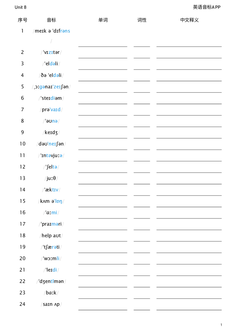 2026春人教版英语八下Unit8看音标默单词_初中英语新版_最新人教版英语八年级下册_2026春新人教版八下（更新中）_04单词背诵默写8个表（全）