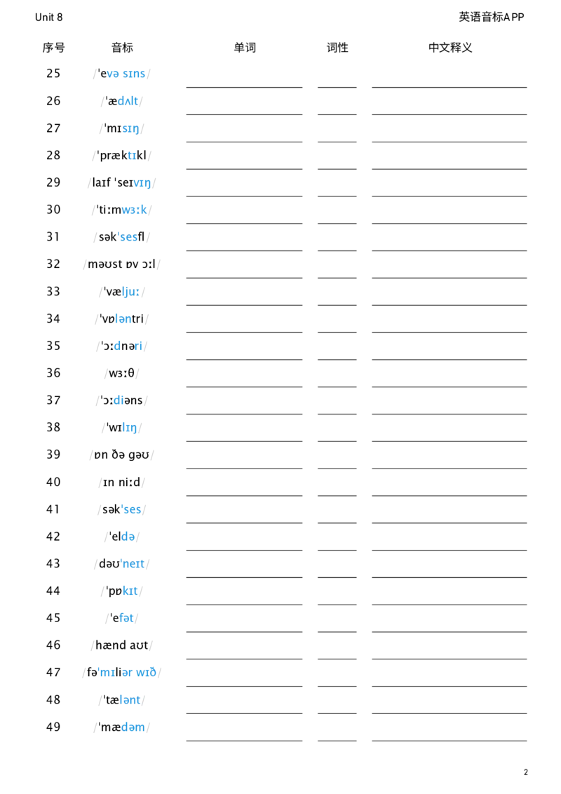 2026春人教版英语八下Unit8看音标默单词_初中英语新版_最新人教版英语八年级下册_2026春新人教版八下（更新中）_04单词背诵默写8个表（全）