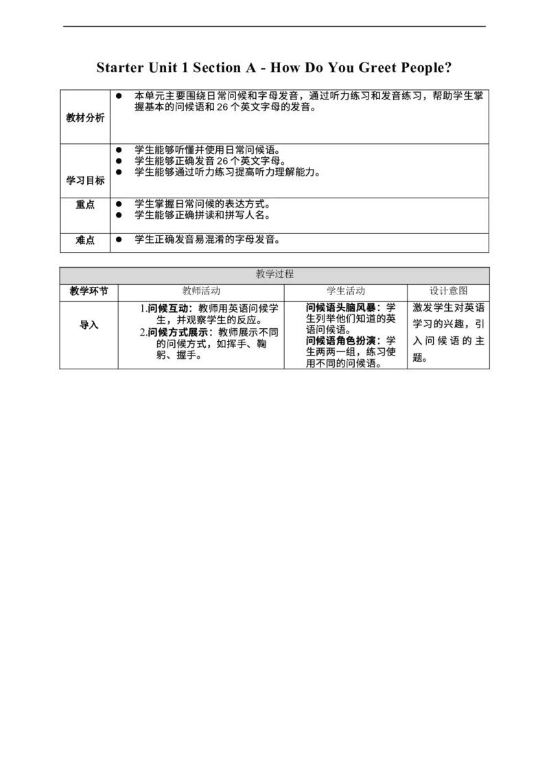 StarterUnit1Hello!SectionA教学设计_初中英语新版_最新人教版英语七年级上册_英语7上2024秋季最新改版_02.英语7上-教案（表格式）