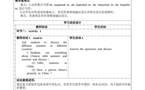 SectionB(3a-SelfCheck)大单元教学+课时设计Unit10You'resupposedtoshakehands_初中英语新版_最新人教版英语九年级全册_新更新初中英语9全_01课件+教案