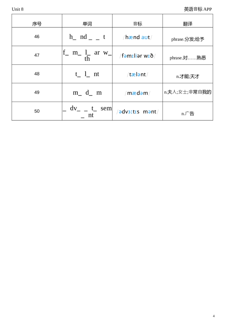 2026春人教版英语八下Unit8单词挖空_初中英语新版_最新人教版英语八年级下册_2026春新人教版八下（更新中）_04单词背诵默写8个表（全）