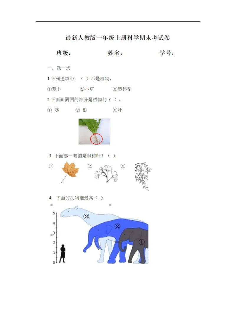 最新人教版一年级上册科学试题-期末考试试卷_2024年人教版小学数学一二三四五六年级上册下册期中期末试a0747_小学全科《同步练习+精品试卷》打包下载（1-6年级单元月考期中期末试卷）