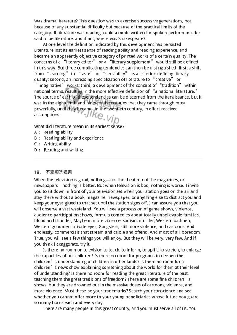 340501-阅读理解1-174339_军队文职(1)_01.军队文职真题-专业课_（全）版本一（历年真题+章节练习+模拟题）_英语言文学(军队文职)_章节练习_纯题目