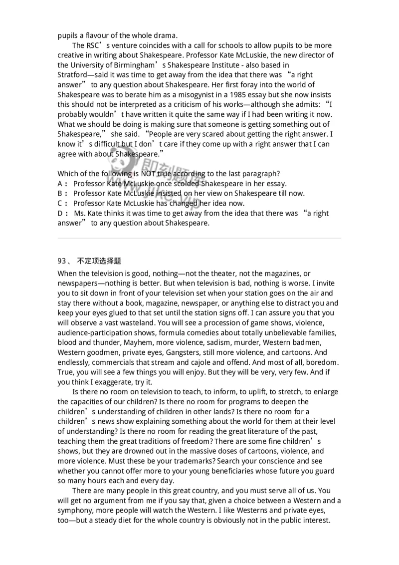 340501-阅读理解1-174339_军队文职(1)_01.军队文职真题-专业课_（全）版本一（历年真题+章节练习+模拟题）_英语言文学(军队文职)_章节练习_纯题目