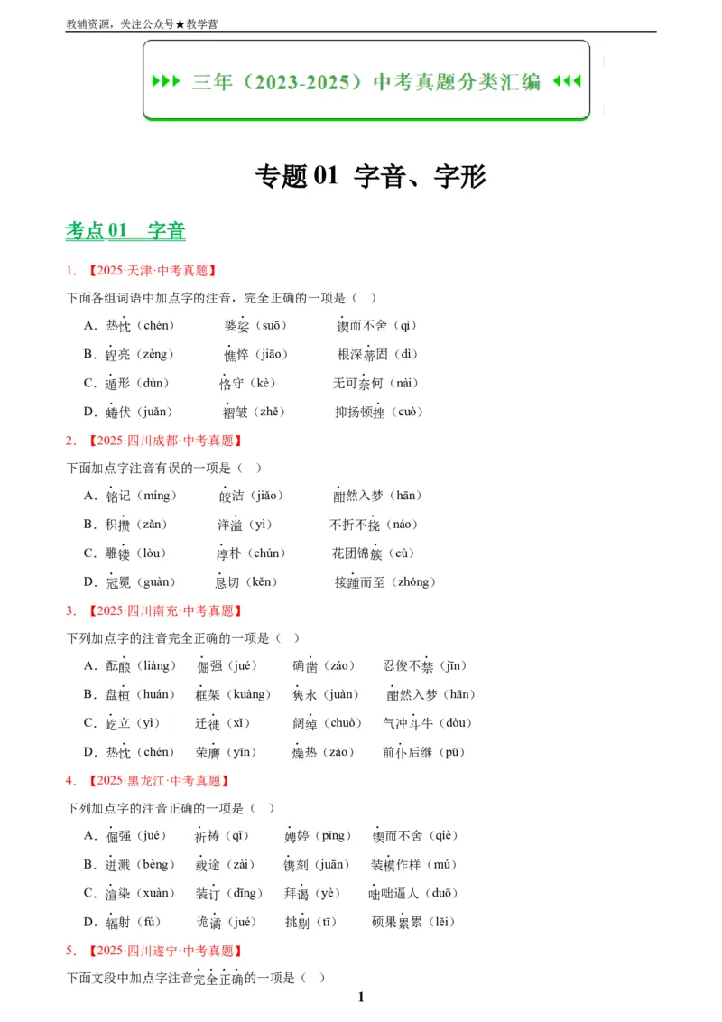 专题01字音字形(原卷版)_2023-2025《3年中考1年模拟》真题分类汇编（语文、数学）(1)_2023-2025《3年中考1年模拟真题分类汇编》语文