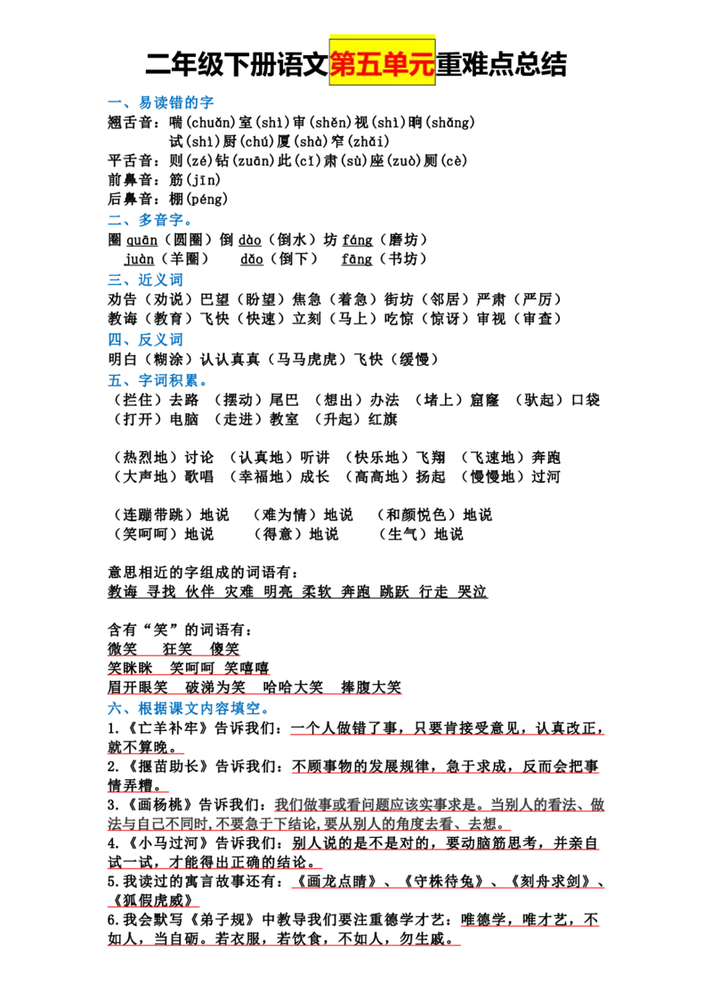 2.7全册单元重难点总结二下语文_二年级上下册资料_小学二年级学习资料-25年更新版_2-02、小学二年级语文下册_2-2-1、复习、知识点、归纳汇总_语文知识点总结（按单元）