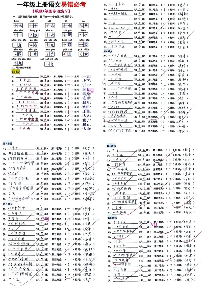 一年级上册语文笔画名称和易错笔画字练习_1年级小红书最新热门资料