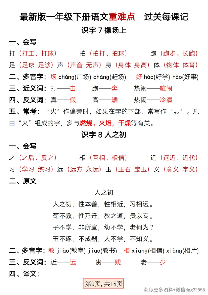 2.25最新版一年级下册语文重难点过关每课记_一年级上下册资料_小学一年级学习资料-25年更新版_1-02、小学一年级语文下册_3-6-2-1、复习、知识点、归纳汇总_部编（人教）版