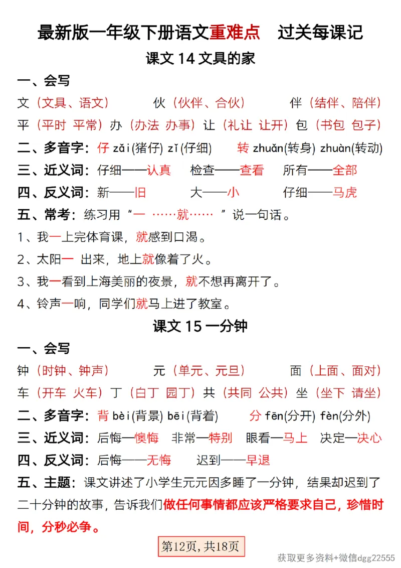 2.25最新版一年级下册语文重难点过关每课记_一年级上下册资料_小学一年级学习资料-25年更新版_1-02、小学一年级语文下册_3-6-2-1、复习、知识点、归纳汇总_部编（人教）版