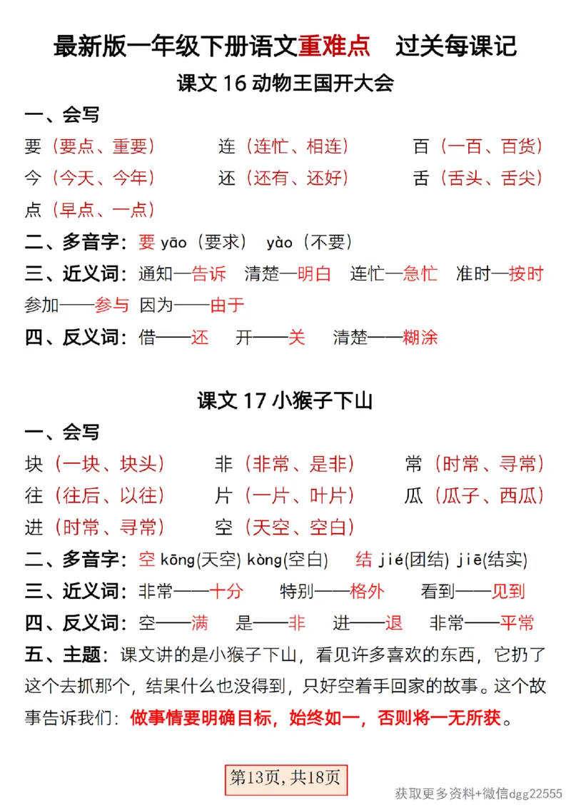 2.25最新版一年级下册语文重难点过关每课记_一年级上下册资料_小学一年级学习资料-25年更新版_1-02、小学一年级语文下册_3-6-2-1、复习、知识点、归纳汇总_部编（人教）版