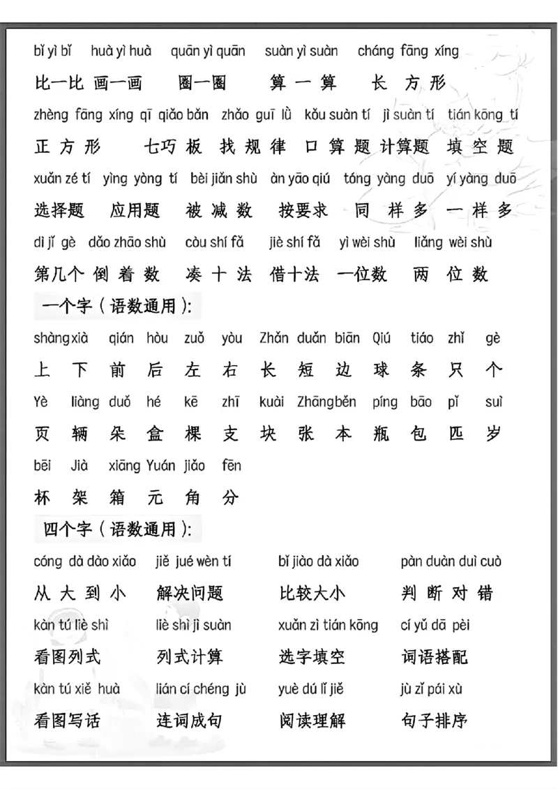 一年级语文数学考试常用常见字_一上数学25秋
