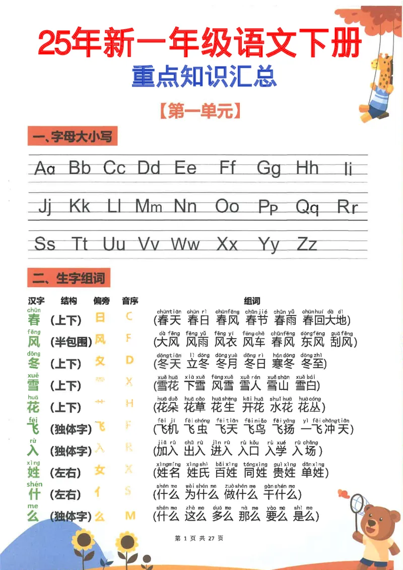 1043一（下）语文重点知识梳理(1)_一年级上下册资料_一年级下册小红书同款资料_一下数学