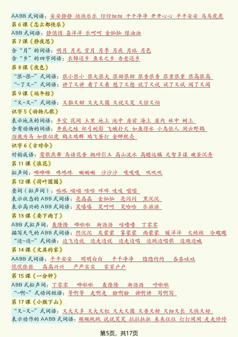 1094一下语文寒假预习全册必背知识汇总（17页）_一年级上下册资料_一年级下册小红书同款资料_一下数学