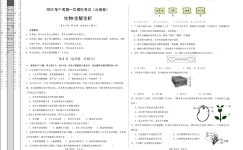 生物（云南卷）（考试版A3）_2025年初中《中考第一次模拟》全国各地区模拟卷（8科全）(1)_2025年《中考第一次模拟卷》初中生物_云南&radic;