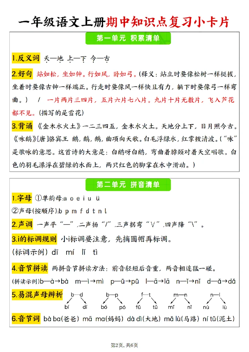 一上期中复习小卡片_🍎⭐️期中知识汇总语文25年上册_一上