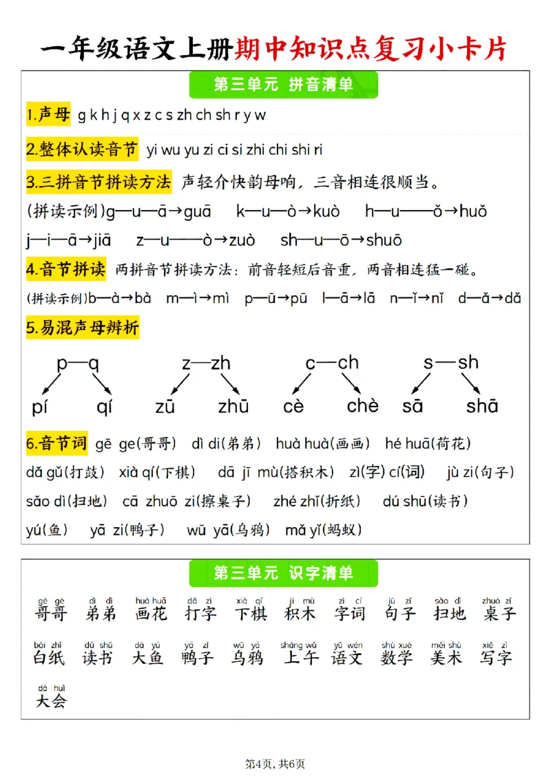 一上期中复习小卡片_🍎⭐️期中知识汇总语文25年上册_一上